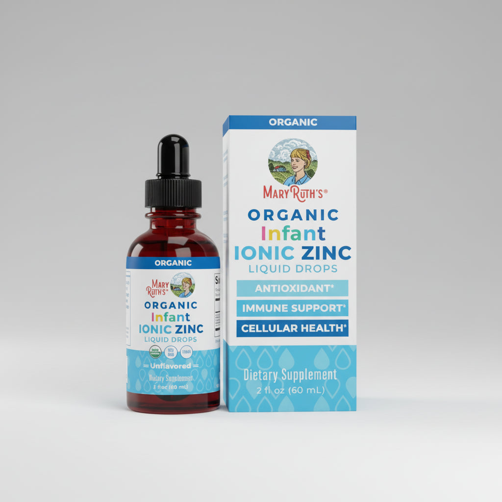 Mary Ruth's Organic Infant Ionic Zinc Liquid Drops with dropper and packaging on a white background