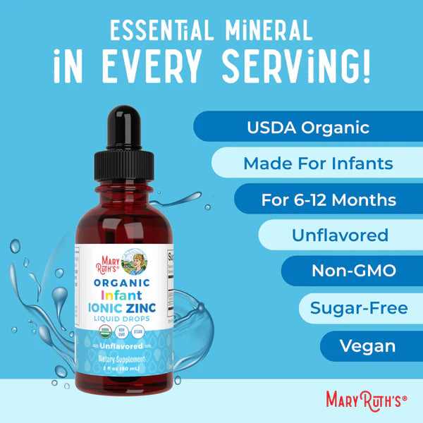 Bottle of Mary Ruth's Organic Infant Ionic Zinc Liquid Drops with product details on a blue background