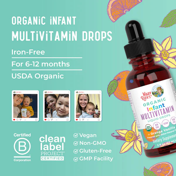 Organic infant multivitamin drops with product bottle and branding on a colorful background