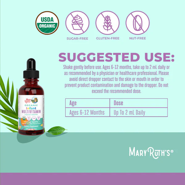 Mary Ruth's organic multivitamin bottle with suggested use and product details on a light green and purple background.