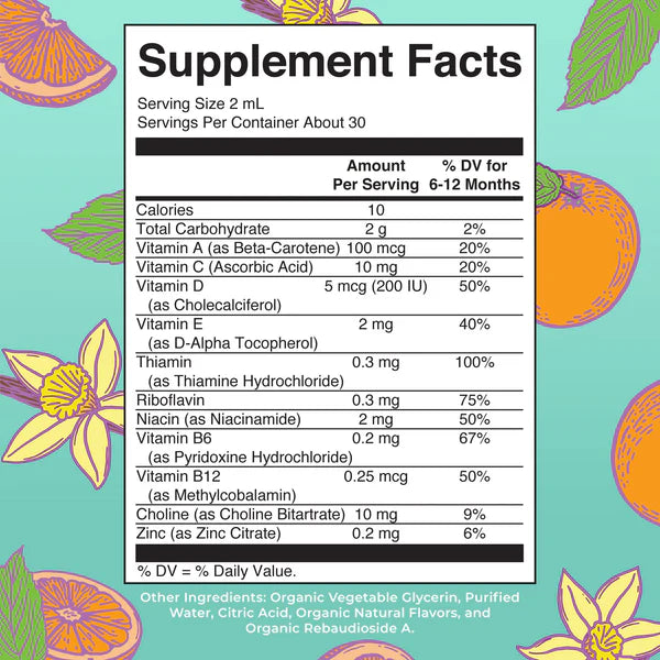 Supplement facts label with colorful floral and fruit pattern