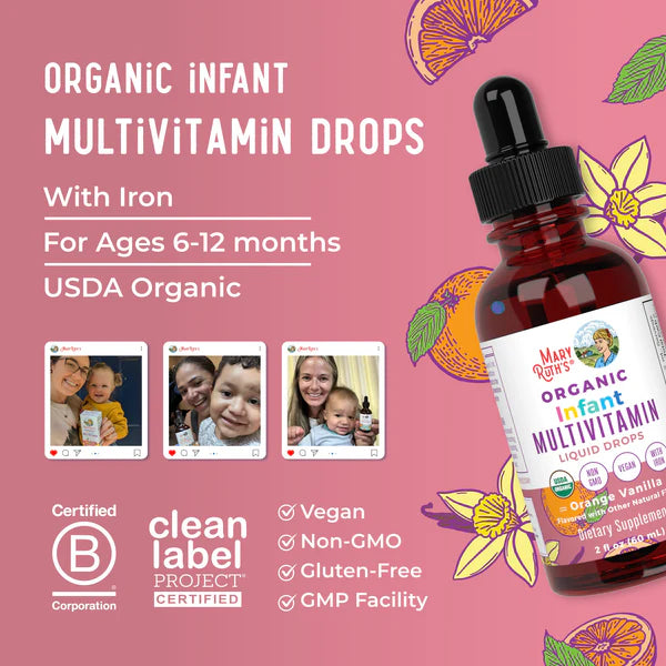 Organic infant multivitamin drops with iron on a pink background, featuring images of a mother and child with the product.