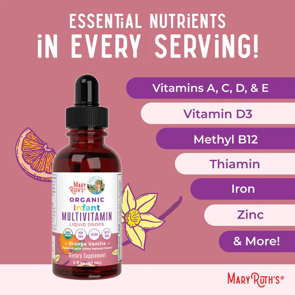 Mary Ruth's Organic Infant Multivitamin Liquid Drops with essential nutrients listed on a pink background