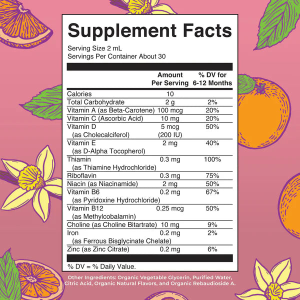 Supplement facts label with colorful floral and fruit illustrations on a pink background