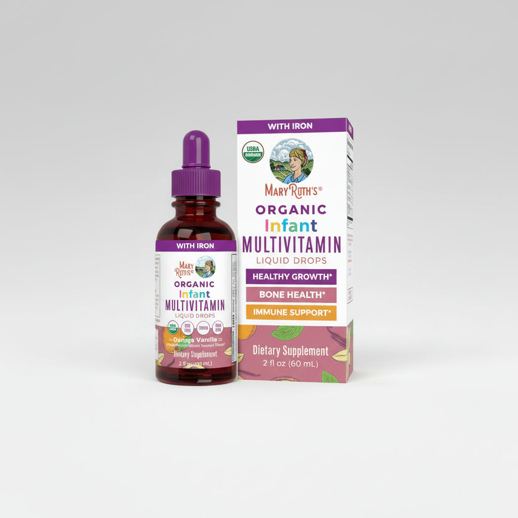 Mary Ruth's Organic Infant Multivitamin Liquid Drops with packaging on a white background