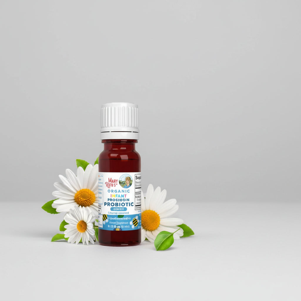 Bottle of Mary Ruth's infant probiotic with usage instructions on a blue background