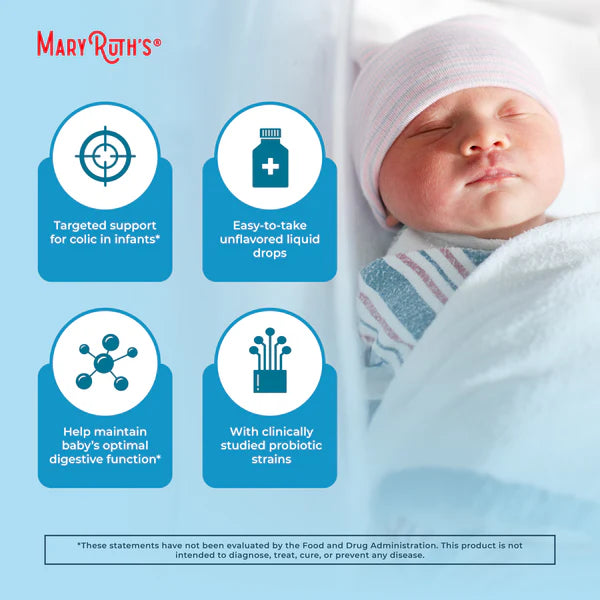 Advertisement for Mary Ruth's infant product with baby and product features on a light blue background