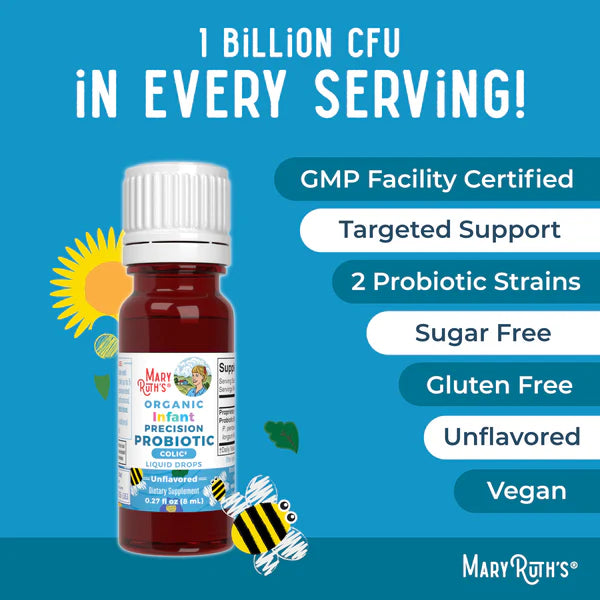 Mary Ruth's Organic Infant Probiotic bottle with product features on a blue background