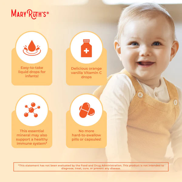 Mary Ruth's vitamin C drops advertisement with a smiling baby and product features.
