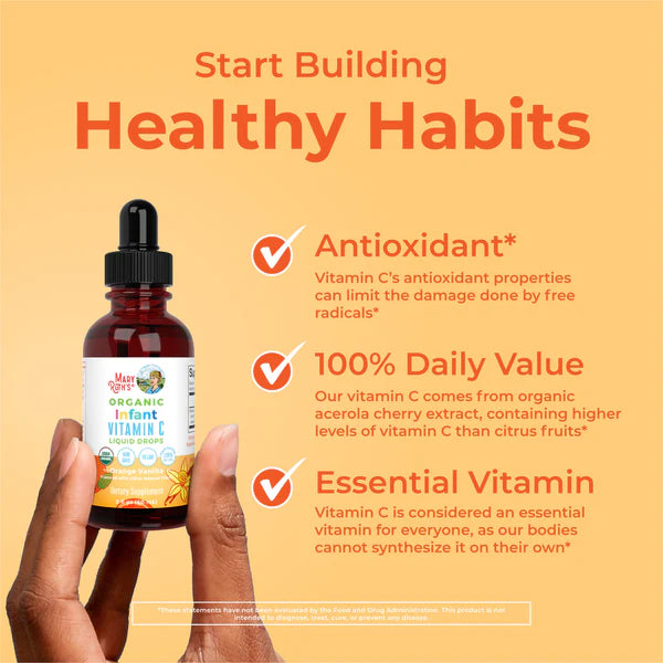 Hand holding a bottle of Organic Infant Vitamin C with text about its benefits on a yellow background