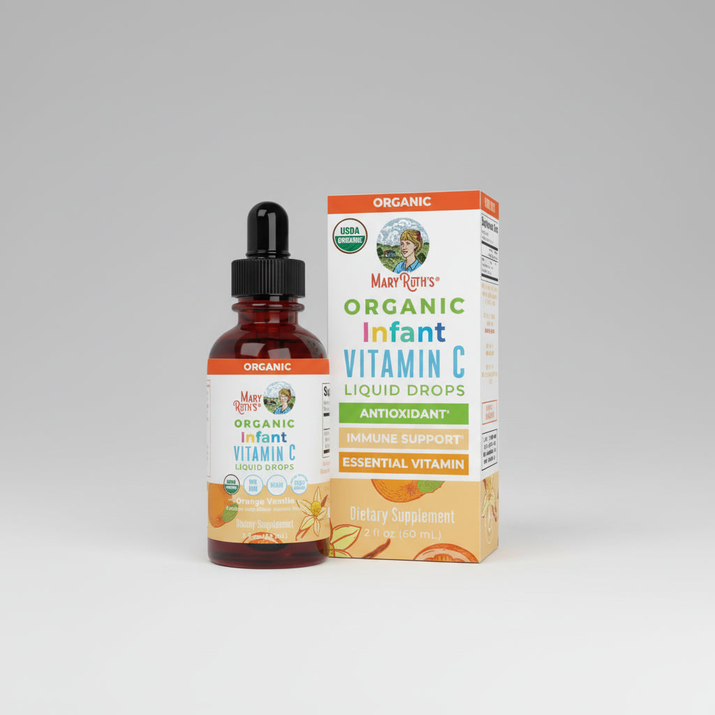 Mary Ruth's Organic Infant Vitamin C Liquid Drops bottle and packaging on a white background