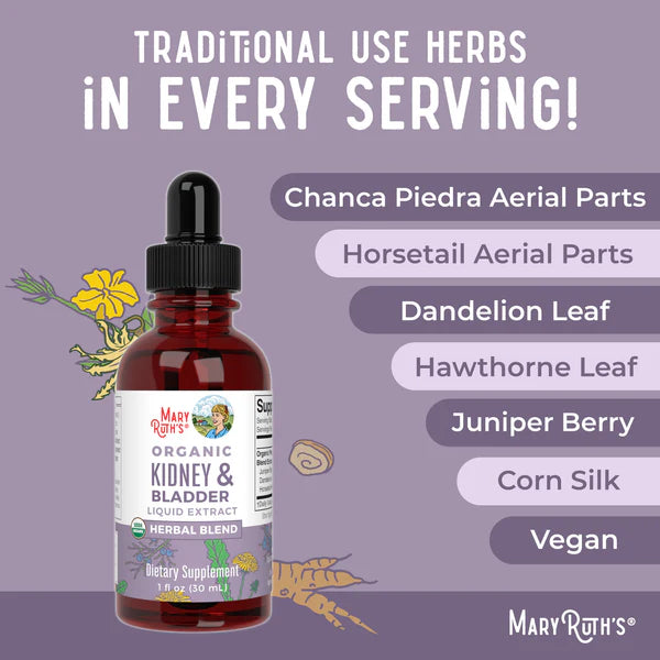 Mary Ruth's Organic Kidney & Bladder Liquid Extract supplement bottle with herbs on a purple background