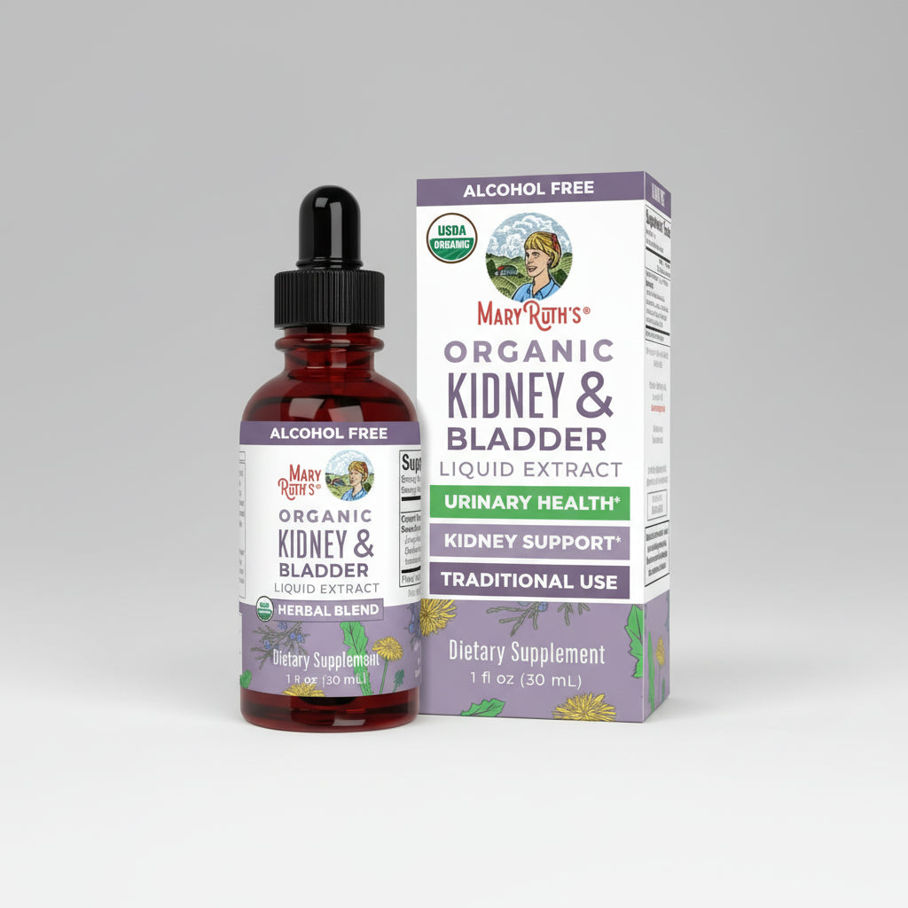 Mary Ruth's Organic Kidney & Bladder Liquid Extract bottle and packaging on a white background
