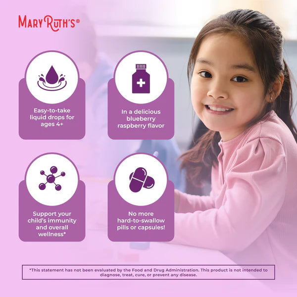 Advertisement for Mary Ruth's product featuring a young girl with text about the product's benefits.