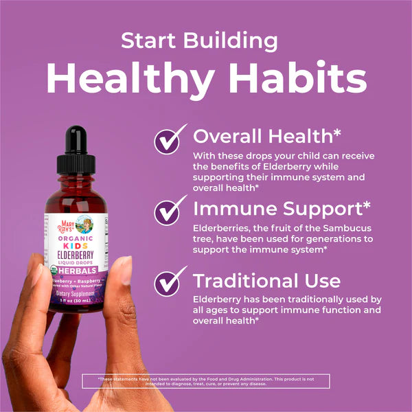 Bottle of organic kids elderberry drops with text on a purple background