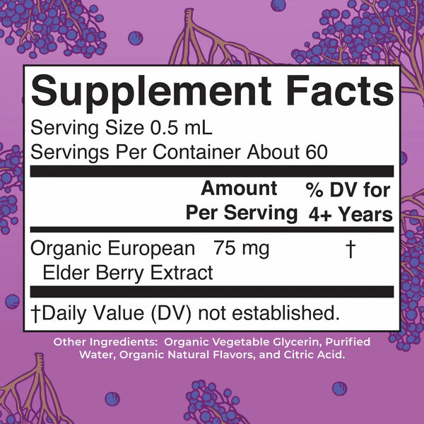 Supplement facts label for Organic European Elder Berry Extract on a purple background with elderberry illustrations.