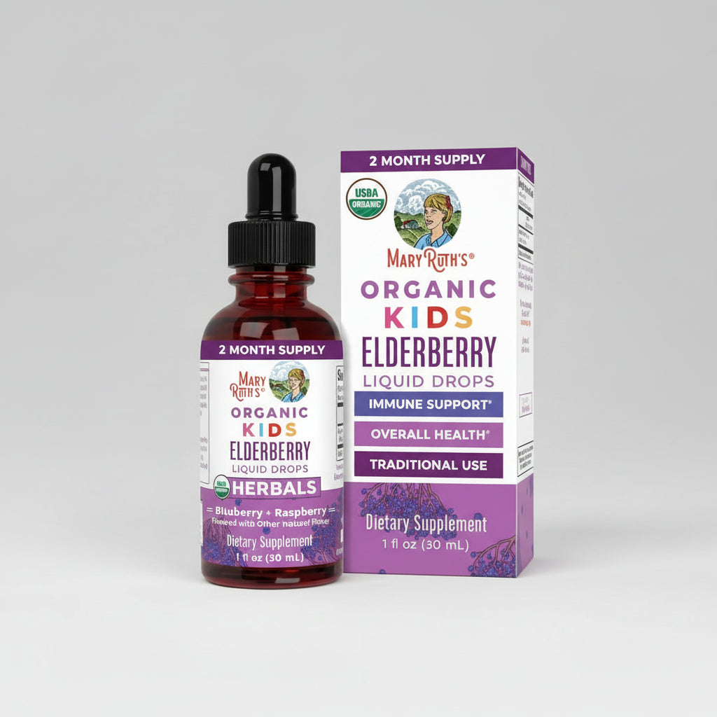 Mary Ruth's Organic Kids Elderberry Liquid Drops bottle and packaging on a white background