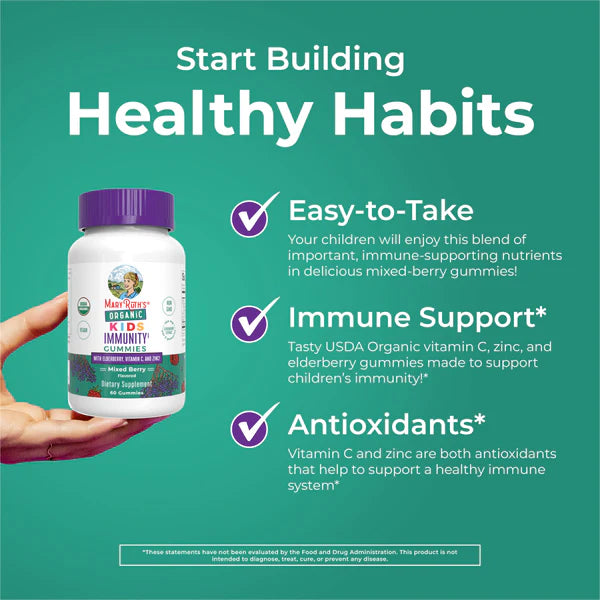 Bottle of Maxtrix Kids Immunity Gummies with text on a green background