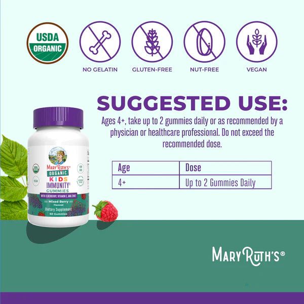 Mary Ruth's Organic Kids Immunity Gummies packaging with USDA Organic logo and suggested use information.