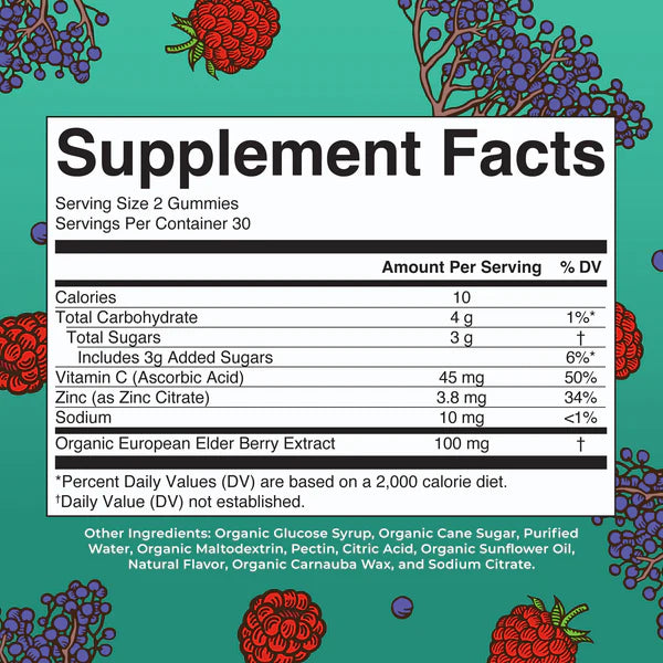 Supplement facts label with berry graphics on a green background