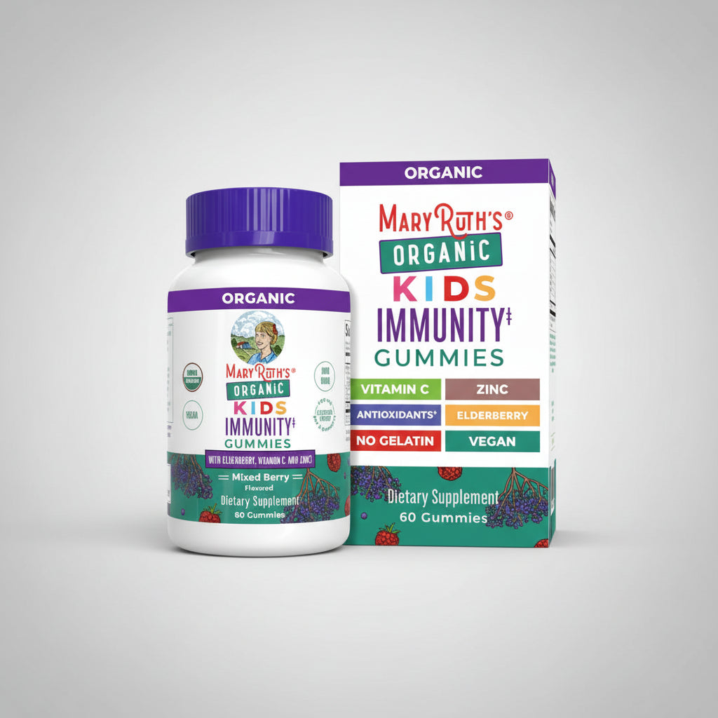 Mary Ruth's Organic Kids Immunity Gummies bottle and packaging on a white background