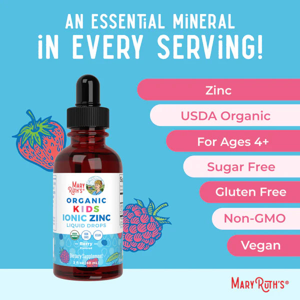 Mary Ruth's Organic Kids Ionic Zinc Liquid Drops bottle with product details on a blue background