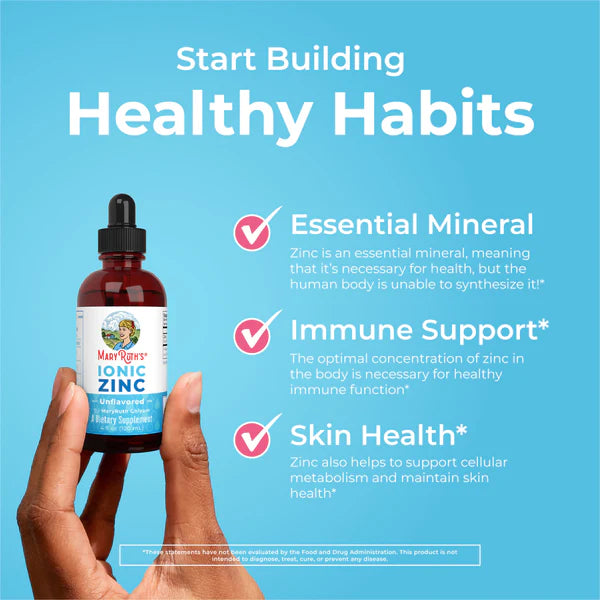 Hand holding a bottle of Maxtrix Ionic Zinc with text about healthy habits on a blue background