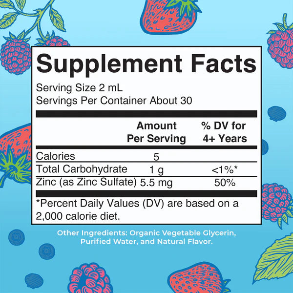 Supplement facts label with strawberry illustrations on a blue background