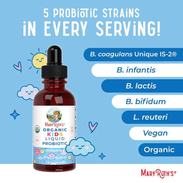 Mary Ruth's Organic Kids Liquid Probiotic bottle with colorful text and graphics on a blue background
