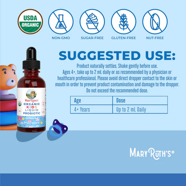 Mary Ruth's Organic Kids Liquid Probiotic bottle with usage instructions on a blue background
