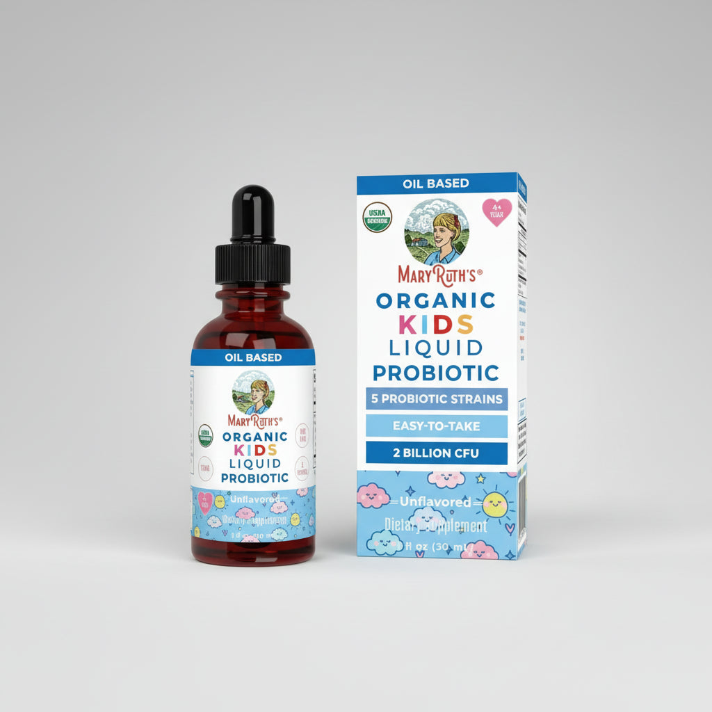 Mary Ruth's Organic Kids Liquid Probiotic bottle and packaging on a white background