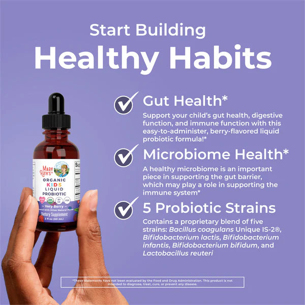 Bottle of liquid probiotic with text on a purple background, promoting healthy habits.