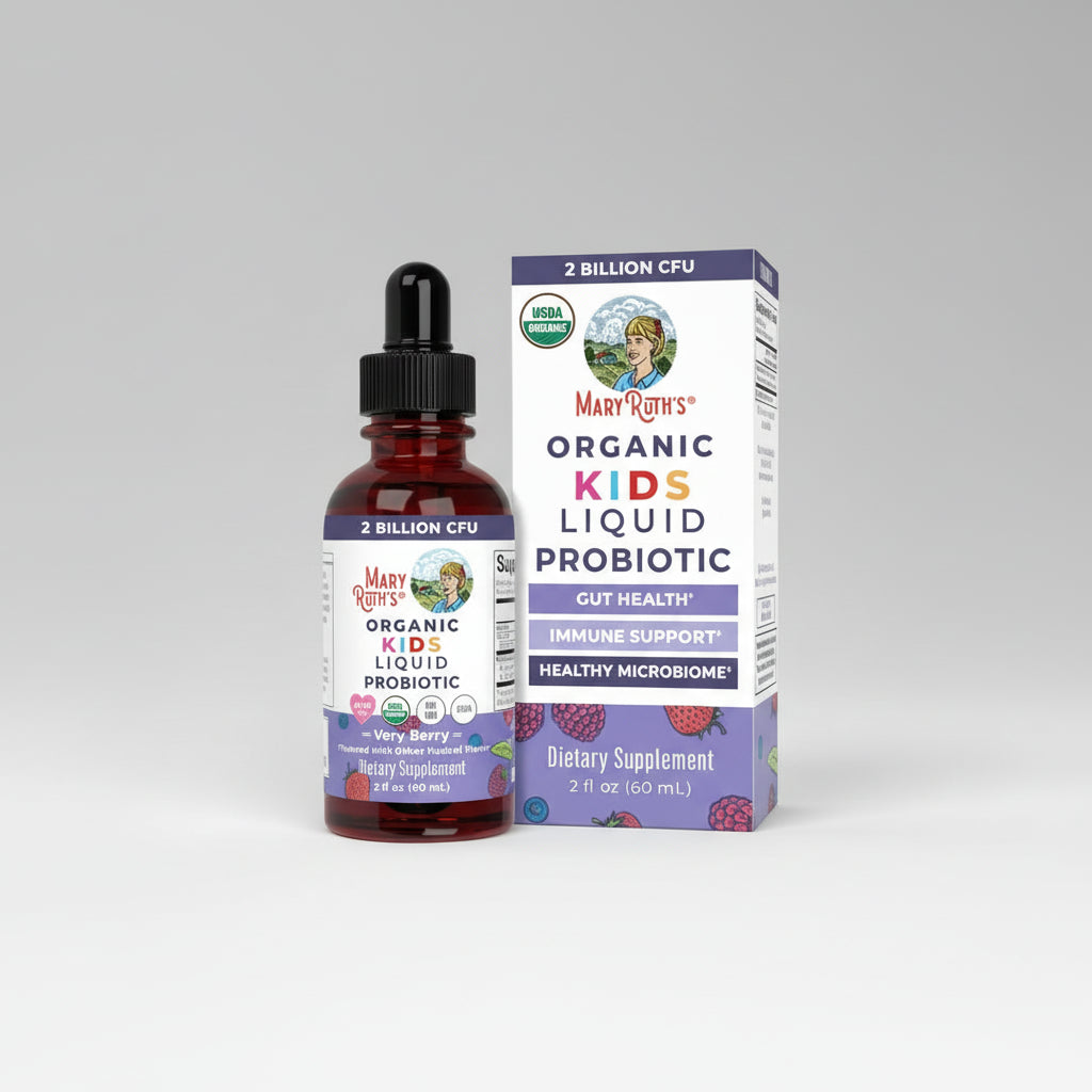 Mary Ruth's Organic Kids Liquid Probiotic bottle and packaging on a white background