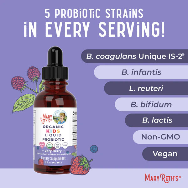 Mary Ruth's Organic Kids Probiotic Liquid bottle with text on a purple background