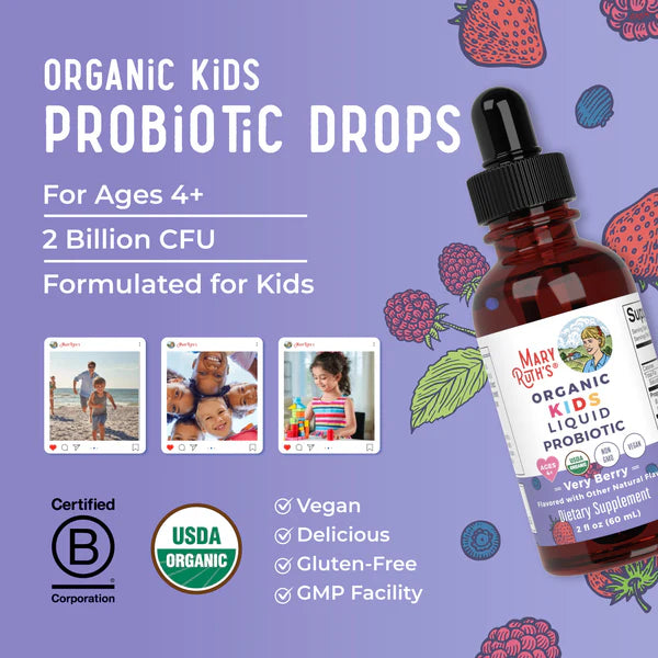 Mary Ruh's Organic Kids Liquid Probiotic bottle with colorful background and product details.