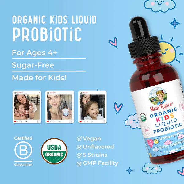 Mary Rihn's Organic Kids Liquid Probiotic bottle on a blue background with product details and certification logos.