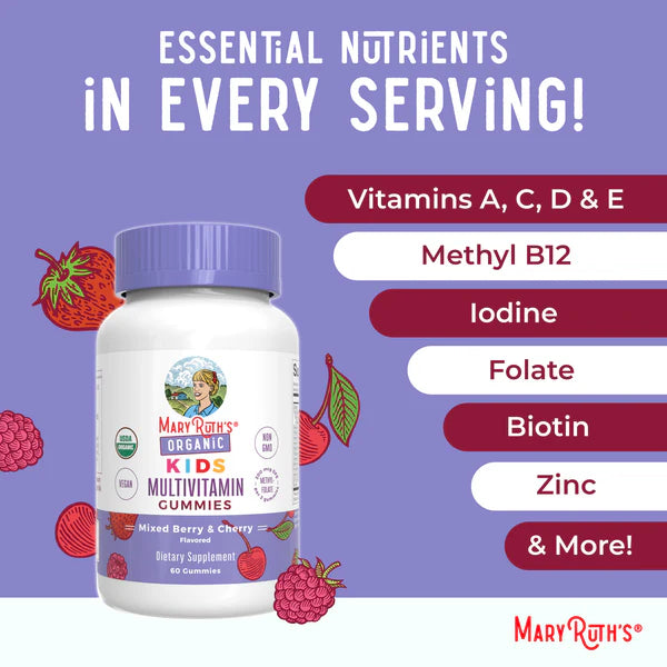 Mary Ruth's Kids Multivitamin Gummies bottle with vitamins listed on a purple background