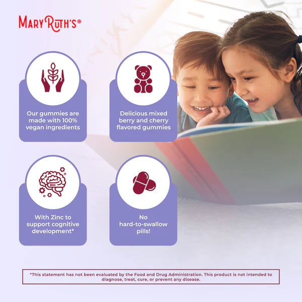 Advertisement for Mary Ruth's gummies featuring two children looking at a laptop.