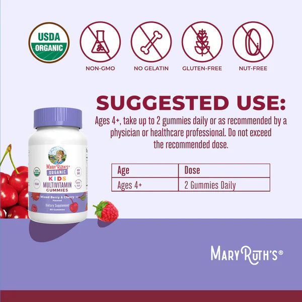 Mary Ruth's Kids Multivitamin Gummies packaging with suggested use and product details on a purple background.
