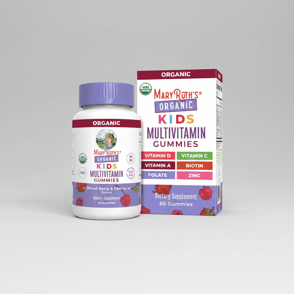 Mary Ruth's Organic Kids Multivitamin Gummies bottle and packaging on a white background