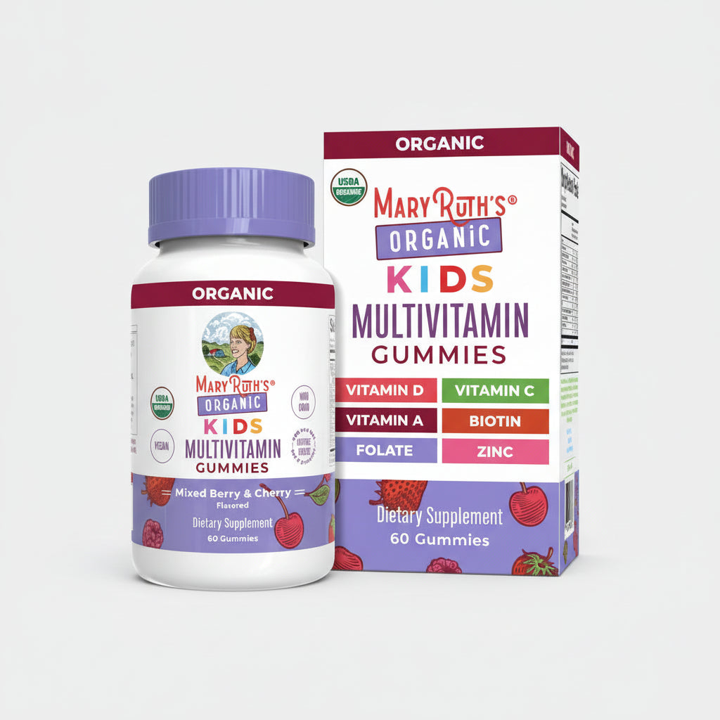 Mary Ruth's Organic Kids Multivitamin Gummies bottle and packaging on a white background