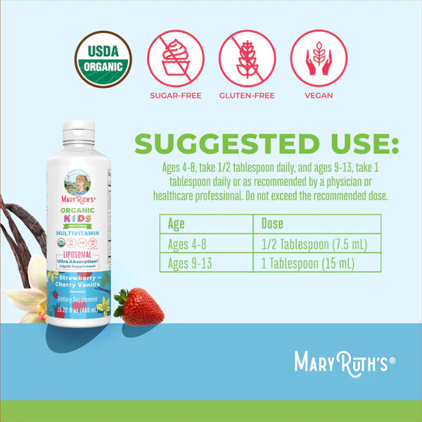 Mary Ruth's Organic Kids supplement bottle with usage instructions on a light blue background