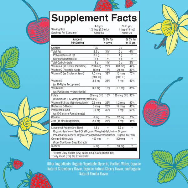 Supplement facts label with colorful floral and fruit designs on a blue background
