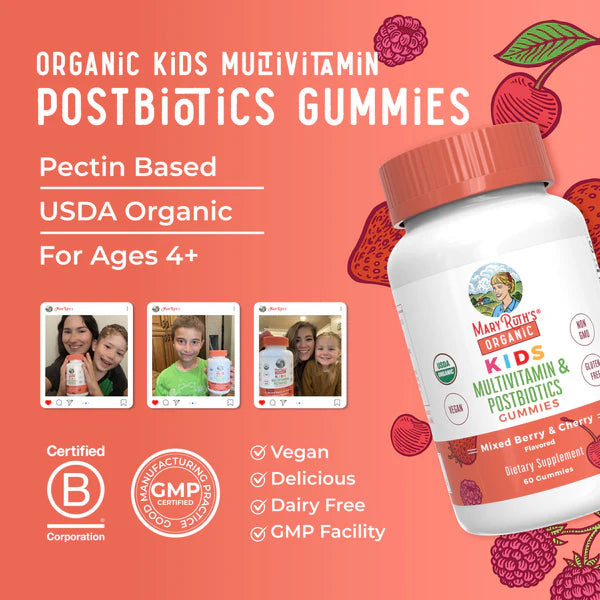 Mary Rohn's Organic Kids Multivitamin Postbiotics Gummies on a pink background with product details and images of people using the product.