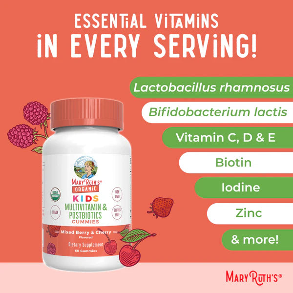 Mary Ruth's Organic Kids Multivitamin & Probiotic Gummies bottle with vitamins listed on a pink background