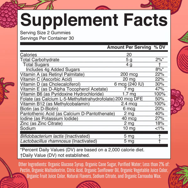 Supplement facts label on a pink background with strawberry illustrations