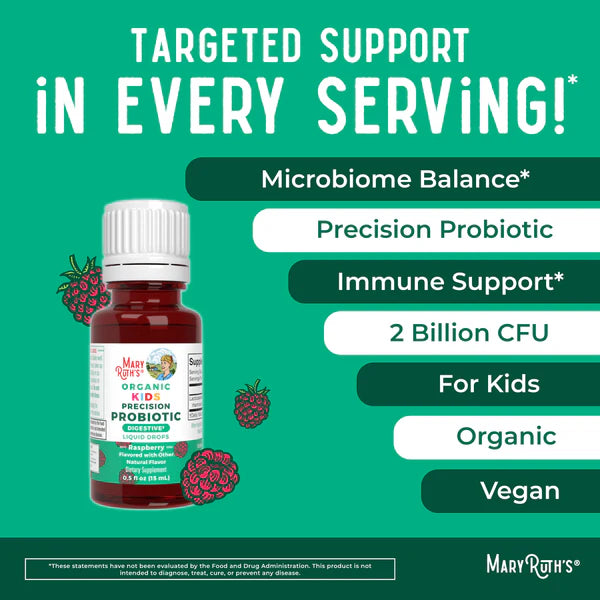 MaryRuth's Organic Kids Precision Probiotic bottle on a green background with text highlighting benefits.