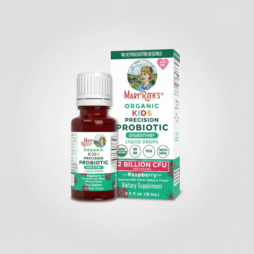 Mary Ruth's Organic Kids Precision Probiotic bottle and packaging on a white background