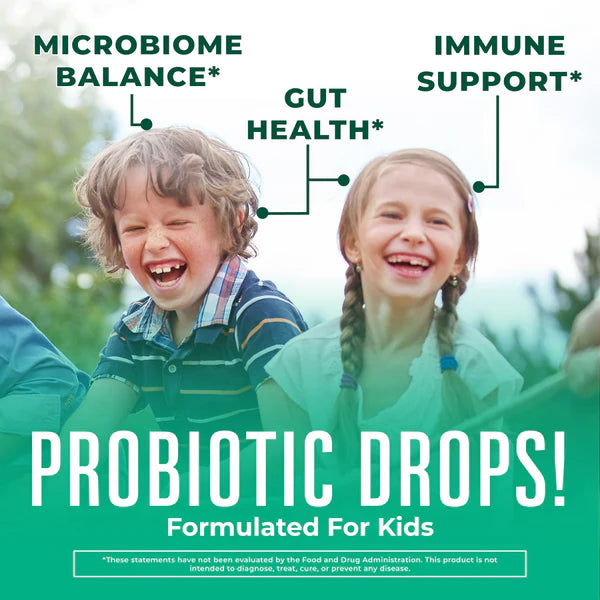 Two children outdoors with text highlighting probiotic benefits on a green background