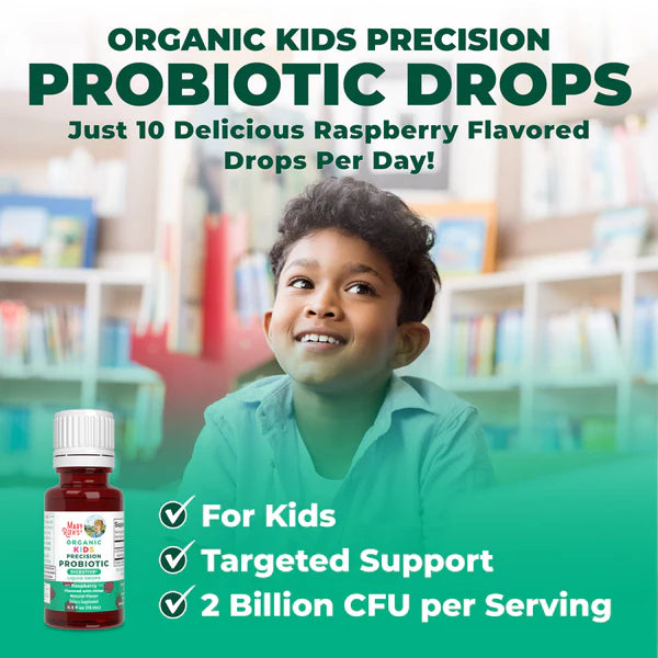 Promotional image of organic kids probiotic drops with a child in a library setting.